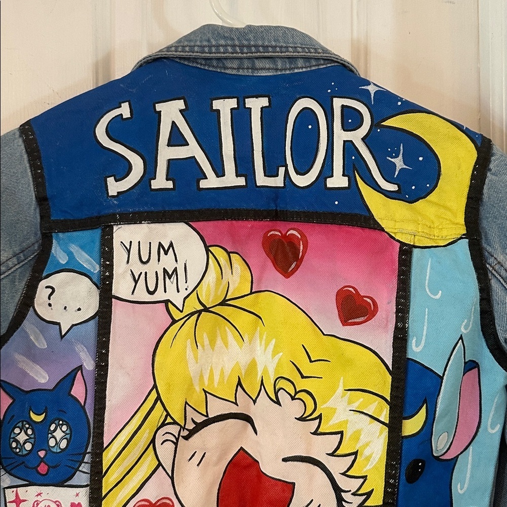Women’s Denim Co. Light Blue Hand Painted Anime Sailor Moon Denim Jacket Size 2 - Picture 3 of 8